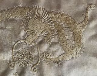 Stunning Antique Hand Embroidered Gold Silk Tablecloth Dragon/drawn Threads