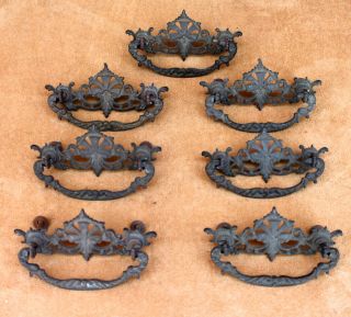 Antique Cast Brass Victorian Fancy Drawer Pulls Matching Set Of 7 W Bolts