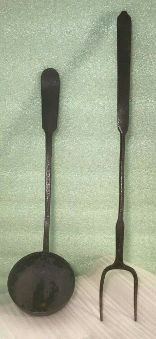 Vintage Antique Wrought Iron Butcher Fork & Japy Freres Iron Tasting Ladle