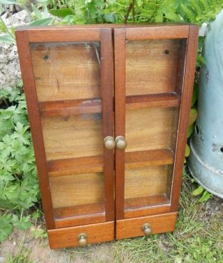 Small Vintage Wooden Display Cabinet Wall Hanging With Drawers & Shelves