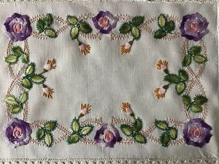 Vintage Hand Embroidered Tray Cloth/table Centre Florals/lace