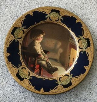 Antique Vienna Art Tin Litho Anger Baking Co Plate Fireside Dreams Young Boy