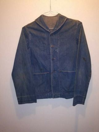 1940s WW2 US Navy Denim Deck Jacket SM Shawl Collar Jumper Org Buttons 12