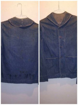 1940s Ww2 Us Navy Denim Deck Jacket Sm Shawl Collar Jumper Org Buttons