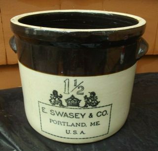 2 Gallon Antique E.  Swasey & Co.  Portland,  Me Stoneware Crock W/ Applied Handles