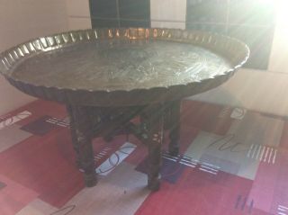 Vintage Brass Side Table Indian Carved Folding Legs Brass Tray 62” In Diameter