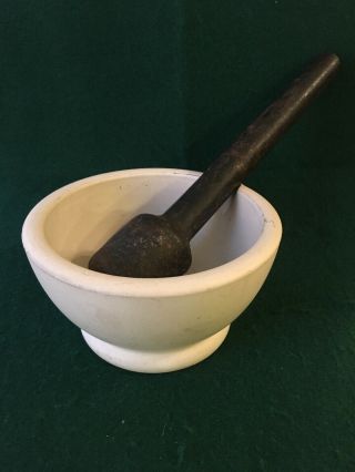 Antique Pharmaceutical Apothecary Mortar Bowl With Cast Iron Pestle