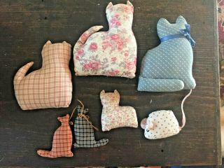 6 Vintage Stuffed Kitty Cats Made From Vintage Calico Fabric And A Calico Mouse