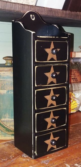 Wood Spice Jewelry Sewing Storage Box 5 Drawers Black Tan Americana Stars