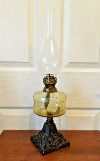 Vintage Oil Lamp Cast Iron Base Amber Glass Font Single Burner Order