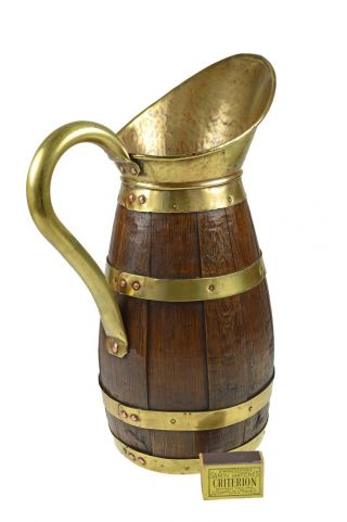Big 15 3/8 " Vintage Brass Bound Staved Oak Wine Or Cider Jug,  French Or Flemish.