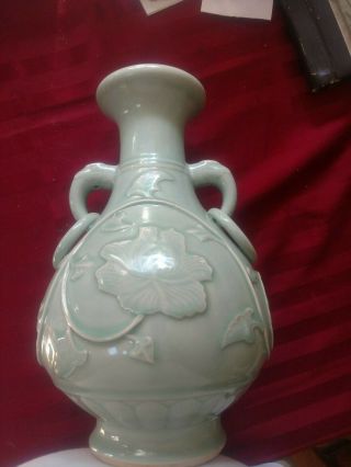 Large Celadon Japanese Porcelain Double Handled Vase,  Light Green Leaf Flowers