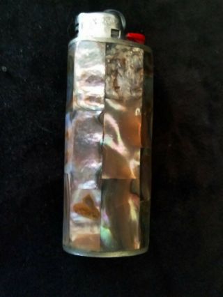 VINTAGE 60 ' S - 70 ' S ABALONE MOTHER OF PEARL INLAID STERLING SILVER LIGHTER CASE 2