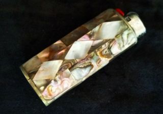 VINTAGE 60 ' S - 70 ' S ABALONE MOTHER OF PEARL INLAID STERLING SILVER LIGHTER CASE 4