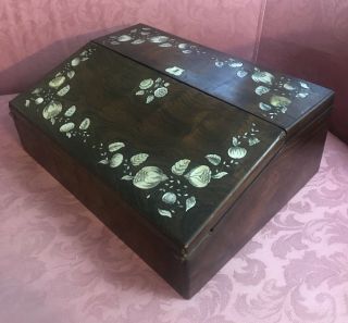 19th C.  Antique Lap Desk With Mother Of Pearl Inlay On Rosewood