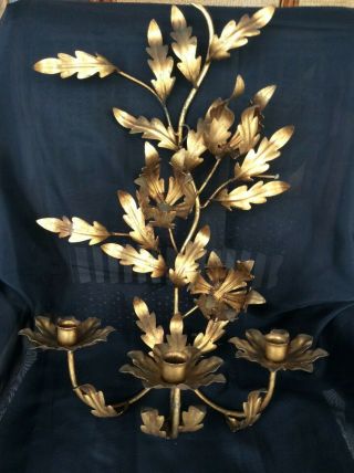 Hollywood Regency Gilt Tole Metal Gold Leaf 3 Candle Holder Wall Sconce