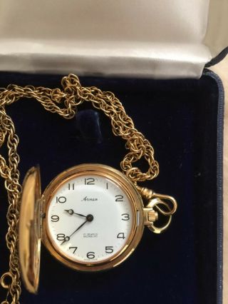 Arnex 17 Jewels Incabloc Swiss Made Gold Presentation Pocket Watch,  Chain & Case