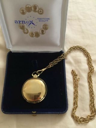 Arnex 17 Jewels Incabloc Swiss Made Gold Presentation Pocket Watch,  Chain & Case 6