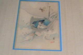 Old Japanese Woodblock Print Girl With Turtle Unknown Maker