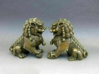 10 Inch Chinese Copper Animal Feng Shui Foo Dog Lion Town Housestatue Pair