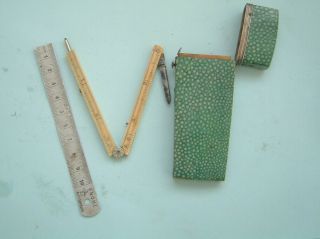 Antique Drawing Instrument Bone Ruler With Pencil Shagreen Case