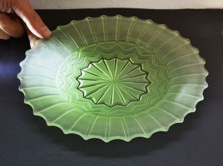 Elegant Art Deco Green Frosted Glass Plate With Geometric Design.  Scalloped Edge