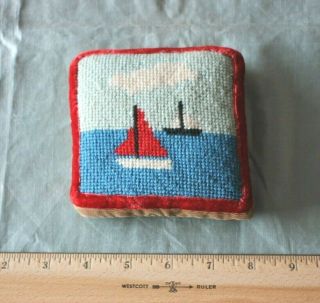 Small Vintage C1940 Sailboat Motif Needlepoint Pillow Blues & Reds 4 1/4 " Square