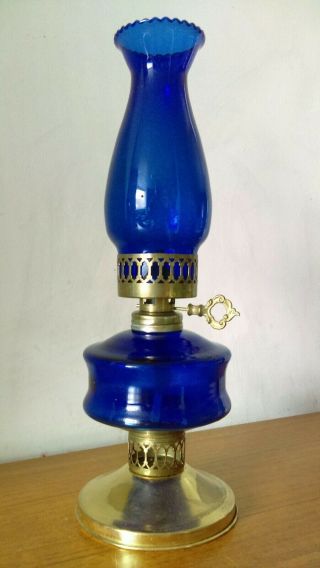 Large Vintage Mid Century Cobalt Blue Glass Oil Lamp