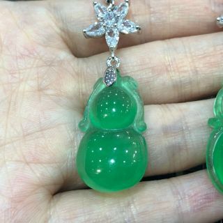 Rare Chinese 925 Silver & Natural Jadeite Jade Handwork Pair Green Gourd Eardrop 3