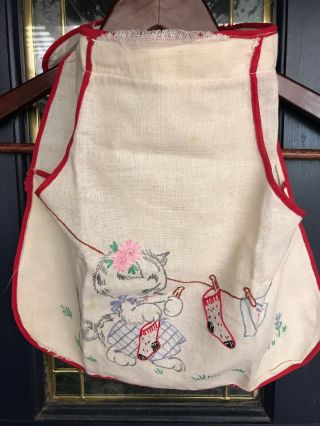 Vintage Clothes Pin Apron Hand Embroidered Kitty Detail