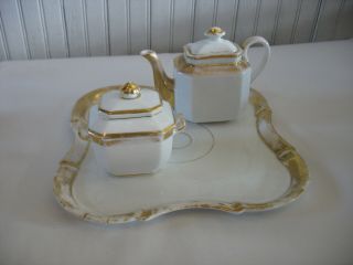 Antique Old Paris Porcelain 11 " Square Tray Teapot W Lid & Sugar Bowl W Lid 5 Pc