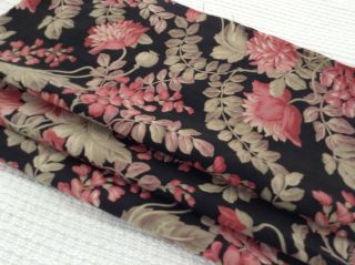 Lovely Antique French Floral Fabric Cotton Black Background 19th Century