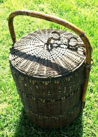 Vintage Chinese Wedding Basket 3 Tier Woven Bamboo Stacking Baskets