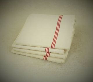4 French Antique Classic Red Stripe Pure Linen Tea Towels / Torchons