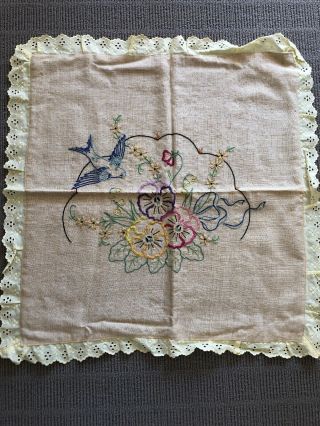 Gorgeous Vintage Hand Made Embroidered Love Bird Blue Pillow/cusion Cover Linen