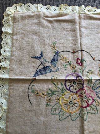 Gorgeous Vintage Hand Made Embroidered Love Bird Blue Pillow/Cusion Cover Linen 2
