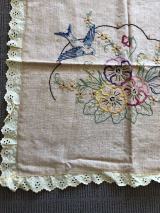Gorgeous Vintage Hand Made Embroidered Love Bird Blue Pillow/Cusion Cover Linen 3