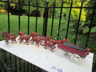 Cast Iron Clydesdale Horse Team Pulling Wagon Budweiser Beer No Barrels W Driver