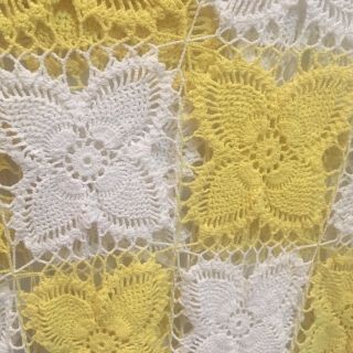 Vintage Doily 48” Square Table Cloth Yellow White Crochet Topper Handmade Lace