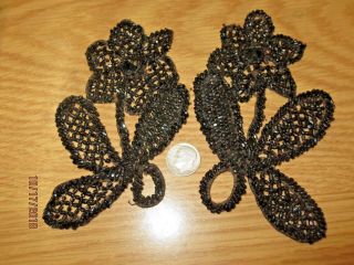 2 Antique Black Jet Beaded 1890 Flower Nos Trim Necklace Mourning Jewelry