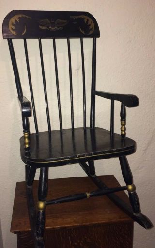 ANTIQUE Doll Bear Vintage NICHOLS STONE Childs Wood ROCKING CHAIR Painted Black 3