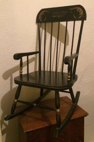 ANTIQUE Doll Bear Vintage NICHOLS STONE Childs Wood ROCKING CHAIR Painted Black 4