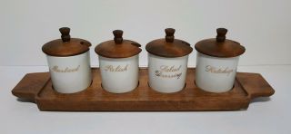 Mid Century Vintage Condiment Set White Ceramic Wood Tops/tray Japan -