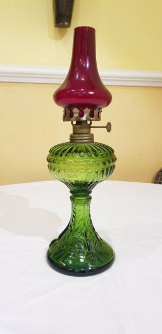 Vintage Embellished Green Glass Paraffin Oil Lamp Lantern & Red Glass Chimney