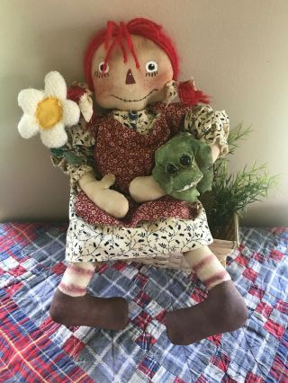Primitive Olde Raggedy Ann Annie Doll Daisy And Frog Artist Made