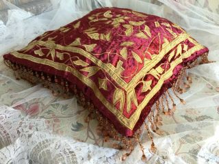 Exquisite Antique French Embroidered Floral Velvet Beaded Display Cushion Pillow