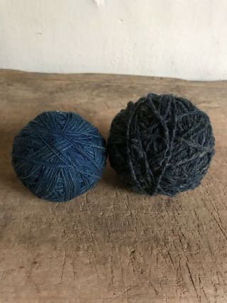 2 Best Early Antique Blue Indigo Wool Yarn Thread Balls Hand Spun Textile Aafa