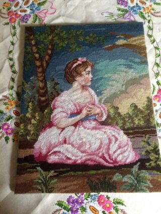 Vintage Berlin Woolwork Style Tapestry Picture Panel Lady/girl Board