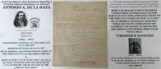 Admiral Commanding Peru Navy Minister War W/ Chile De La Haza Letter Signed 1879