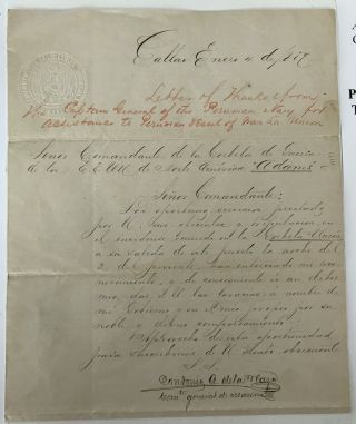 ADMIRAL COMMANDING PERU NAVY MINISTER WAR w/ CHILE DE LA HAZA LETTER SIGNED 1879 3